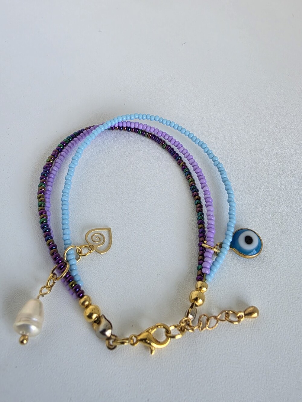 Handmade Evil Eye Multistrand Seed Bead Bracelet Blue Purple Gold Tone